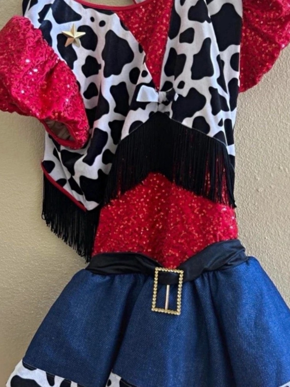 Weissman Red Sequin Cowgirl Dress with Black Fringe and Blue Skirt